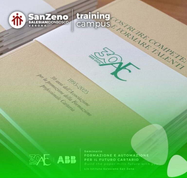 Copertina con la pubblicazione “Costruire Competenze e Formare Talenti”, 30° anniversario dell’Associazione per la Formazione Cartaria, evento all’Istituto Salesiano San Zeno con ABB.